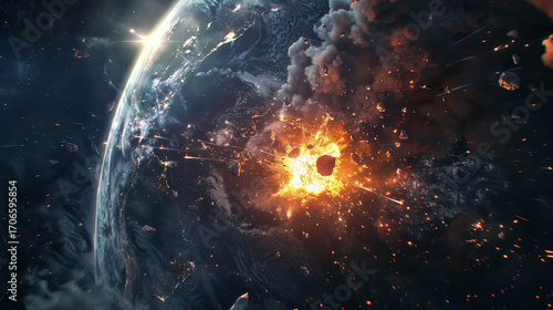Asteroid impact on Earth, Dramatic illustration of asteroid colliding with Earth, fiery explosion in outer space.