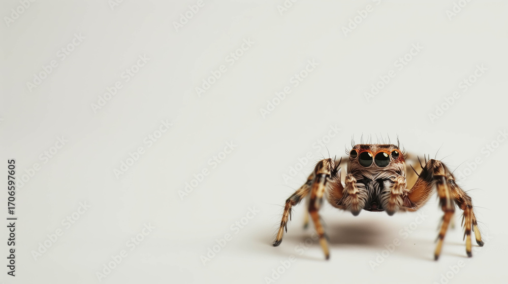 Obraz premium A macro shot of a jumping spider highlights its detailed eyes, hairy body, and compact form, emphasizing its alertness and predatory prowess.