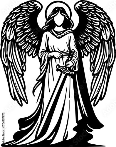 vector illustration Angel Silhouette with Sword and Wings, isolated on white
