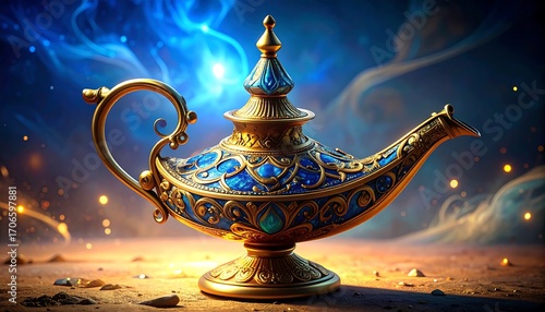 Golden magic lamp on a desert floor