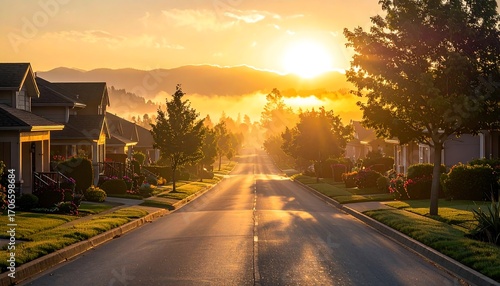 Golden sunrise over a residential street