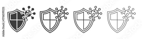 Shield virus vector icon set in black and white color.