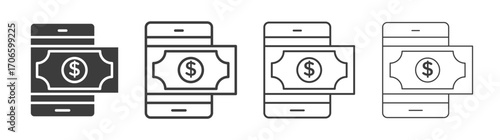 Send money smartphone vector icon set in black and white color.