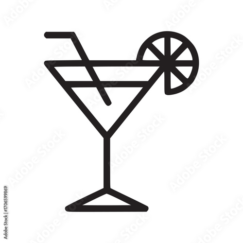 Vector art of minimalist line art illustration of a cocktail glass with a straw and lemon slice, perfect for bar menus, drink recipes, or party invitations, conveying a sense of celebration