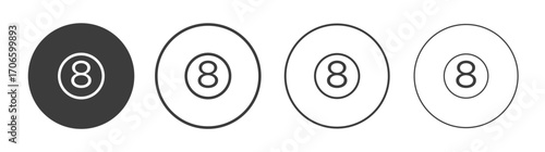 Pool 8 ball vector icon set in black and white color.