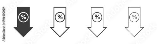 Percent down vector icon set in black and white color.