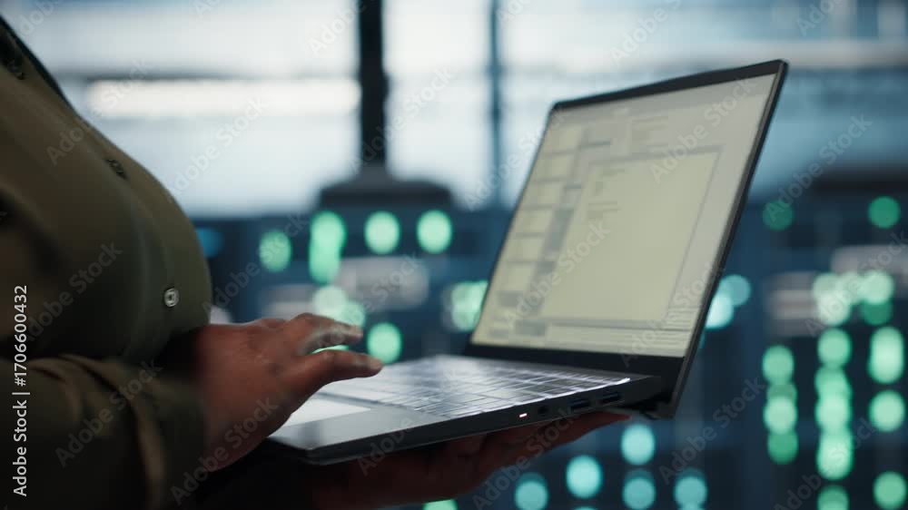 Close up of software developer working in data center to optimize ...