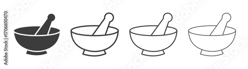 Mortar pestle vector icon set in black and white color.