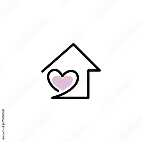 Minimalist line art logo of a house with a heart inside, symbolizing love, family, safety, and comfort in a cozy home environment.