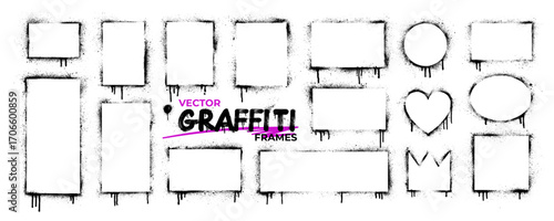 Spray paint stencil frames collection. Geometric graffiti borders, crown, heart or circle shapes with airbrush texture. Stencil backdrop banners and rectangles. Hand drawn gritty street art style.