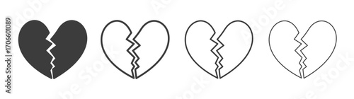 Heart Crack vector icon set in black and white color.