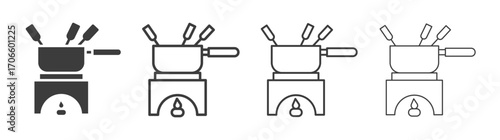 Fondue pot vector icon set in black and white color.