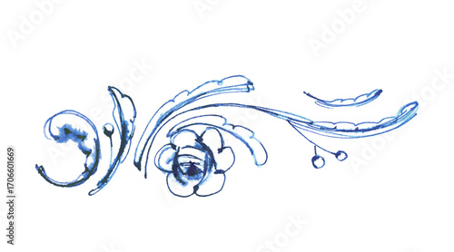 The set of blue botanical decor on a white background, with various flowers and leaves in a vintage style.