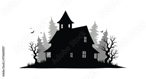 haunted house surrounded by eerie trees and flying bats