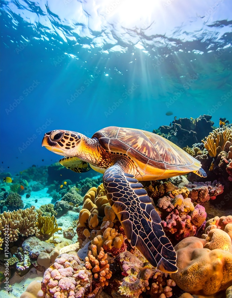 Obraz premium Sea turtle on coral reef, sunbeams
