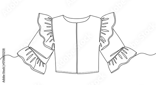 Line style illustration of a blouse with frilly sleeves on a transparent background  