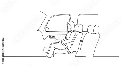 Continuous line drawing of a person fastening a seatbelt in a car  