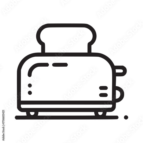 Vector art of minimalist line art illustration of a toaster with bread slices, perfect for breakfast menus, kitchenware promotions, or home appliance guides, conveying a sense of morning routine