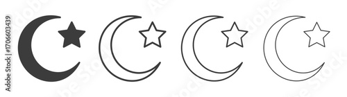 Star and crescent vector icon set in black and white color.