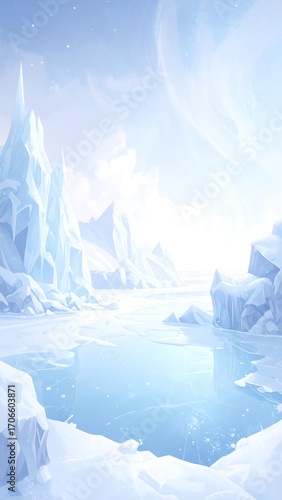 Frozen landscape with icebergs and a tranquil lake