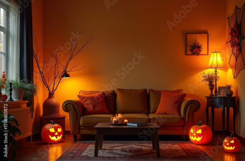Halloween living room with pumpkins and candles. Cozy home interior with Halloween festive decor. Living room decorated for Halloween celebration.