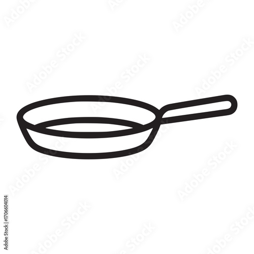 Vector art of frying pan icon simple outline drawing of a skillet with a handle, representing cooking, food preparation, kitchenware, and culinary activities in a minimalist style