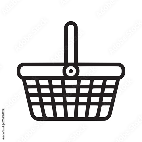 Vector art of picnic basket icon simple outline drawing of a woven basket with a handle, representing outdoor activities, food storage, summer outings, and leisure in a minimalist style
