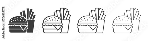 Burger Fries vector icon set in black and white color.
