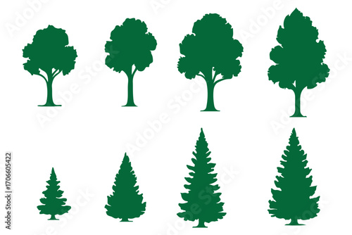 A variant style of tree silhouette vector set. Forest tree icon flat black color illustration. Isolated on a white background.