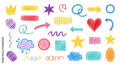 Playful Crayon Chaos: A Top-Down Arrangement of Hand-Drawn Shapes, Lines, and Scribbles in Vibrant Pastels on White - Perfect for Children's Designs and Creative Projects!