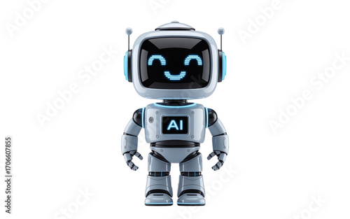 Modern AI companion robot with glossy surfaces, LED lights, and a joyful digital face, isolated on transparent png