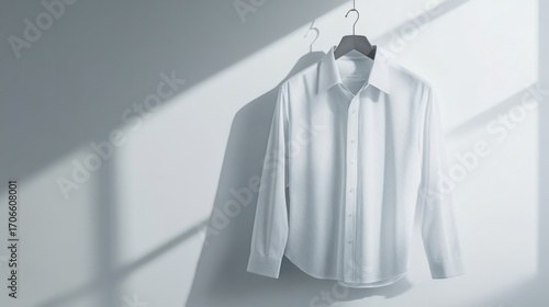 white long-sleeved button-down shirt, hanging on a wooden hanger, white background generative ai