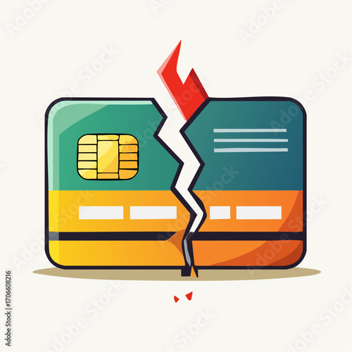 Broken Credit Card With Red Lightning Bolt On White Background