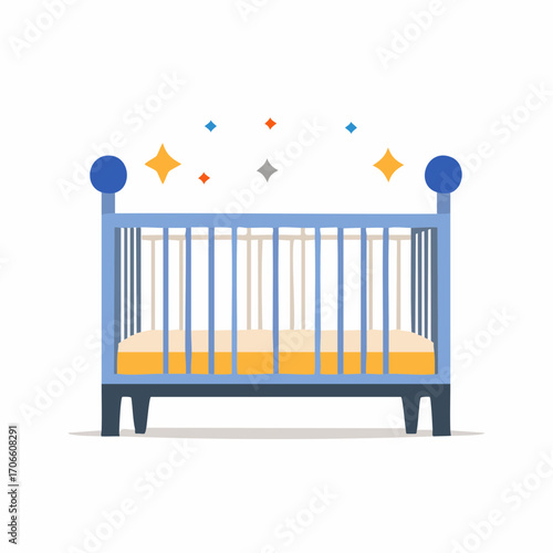 Empty Blue Baby Crib with Yellow Mattress and Sparkling Stars