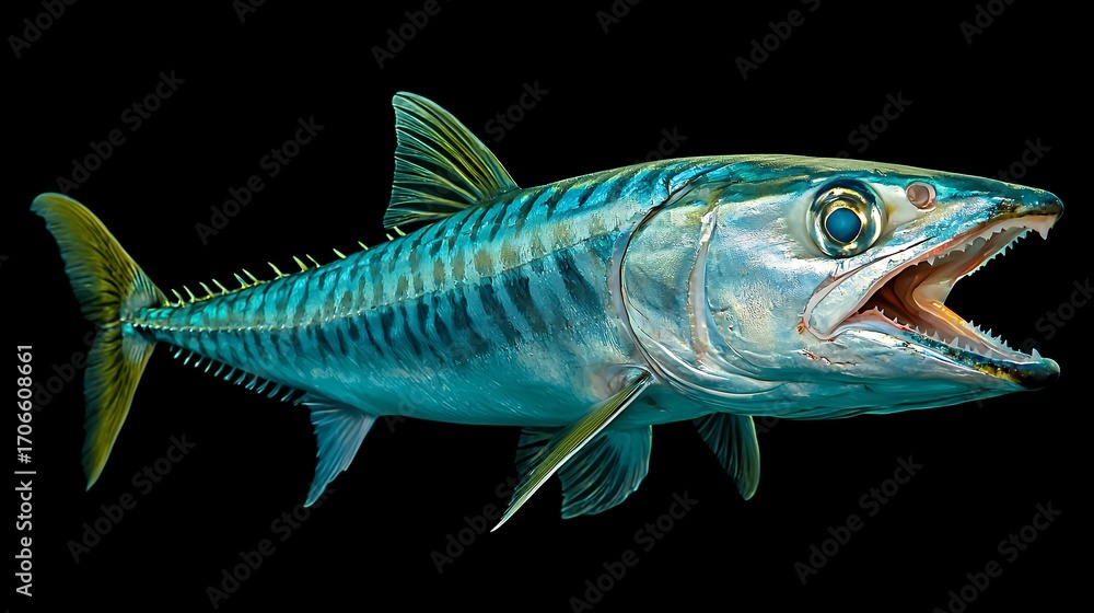 Fototapeta premium Vibrant Blue and Green Striped Fish with Open Mouth Against Black Background