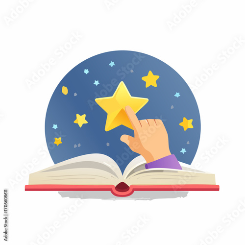 Hand Reaching For Gold Star From Open Book With Night Sky