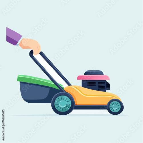 Hand Pushing Yellow Lawnmower with Green Grass Catcher on Light Blue Background