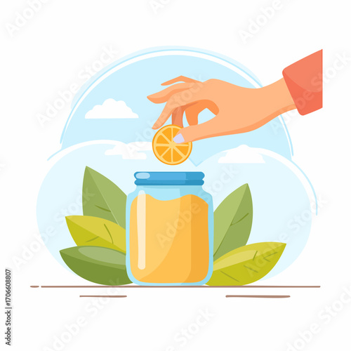 Hand Adding Orange Slice To Glass Jar With Orange Juice