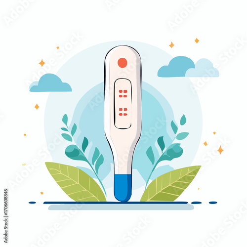 Digital Thermometer with Green Leaves and Blue Sky Background
