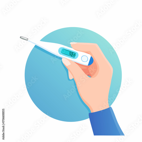 Hand Holding Digital Thermometer On Blue Circle