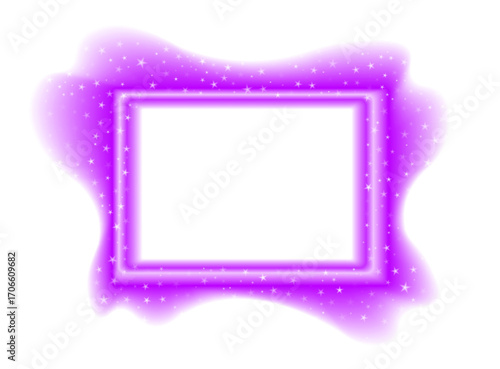 Purple neon rectangular shape with blurred glow and star accents. Shiny vector illustration of glowing border on transparent background.