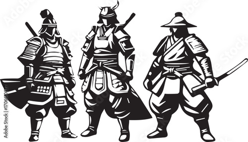 Three samurai warriors in traditional armor, standing with swords and proud stances.