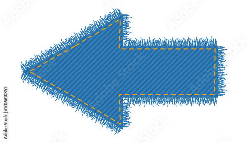 Patch denim arrow shape with stitches seam torn Frayed edges jeans label fashion illustration. Flat apparel blue color template isolated on white background
