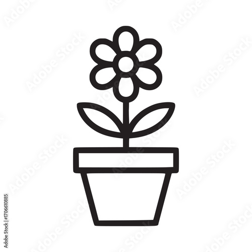 Illustration of a flower in a pot the flower has petals and leaves, and the pot is a simple container it is a simple and clean design, perfect for icons and other graphic design projects