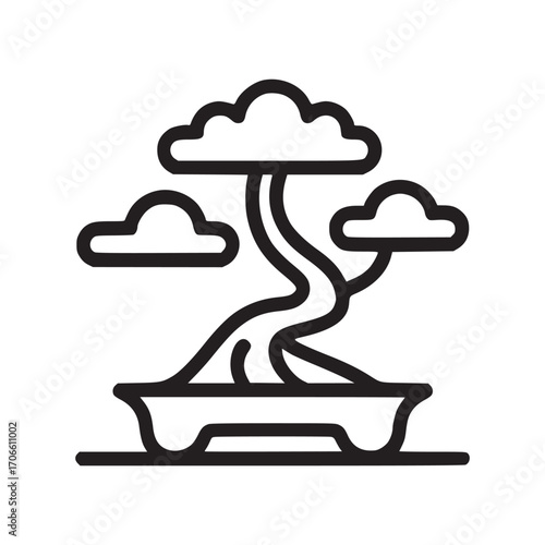 Vector art of bonsai tree in a pot this minimalist line art illustration captures the essence of japanese zen gardens and the art of cultivating miniature trees the bonsai symbolizes harmony, balance,