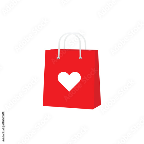 Red Paper Gift Bag with Heart Emblem. Christmas Packaging and Promotional Merchandise