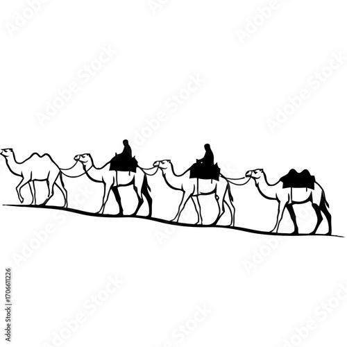 Caravan camels walking in a line