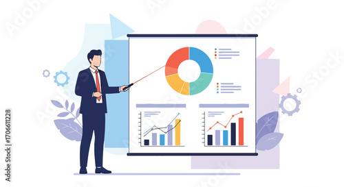 Flat illustration of a businessman presenting charts and graphs on a digital screen, explaining data analysis, financial growth, and strategy for corporate success and business decision-making