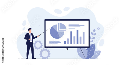 Flat illustration of a businessman presenting charts and graphs on a digital screen, explaining data analysis, financial growth, and strategy for corporate success and business decision-making