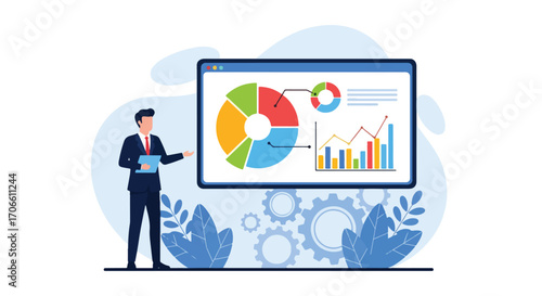 Flat illustration of a businessman presenting charts and graphs on a digital screen, explaining data analysis, financial growth, and strategy for corporate success and business decision-making